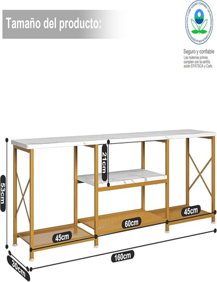 SIMPLE ESPACIO Mueble Para TV,160 CM Grande Mesa Para TV,Mesa Grande Centro De Entretenimiento Con 2 Niveles Abiertos,Para Televisor De 65 Pulgadas,Tamaño Es 160 CM × 30 CM × 53 CM.(Blanco Marmol)